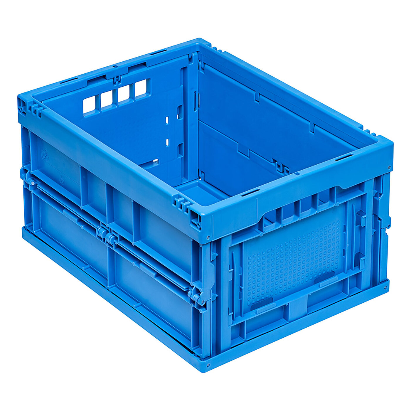 a blue foldable box made of plastics, in view from askew, isolated on white background