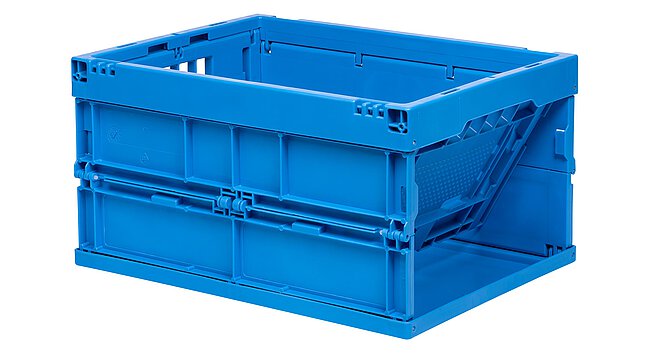 a blue foldable box made of plastics with a half opened front side in the slated front view, isolated on white background