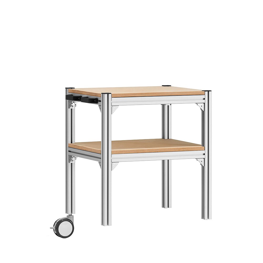 a small trolley made of aluminium profiles, with two storeys, wooden inlay shelvings, black pushbar handle made of plastics and one large, fastenable & turnable wheel, isolated on white background