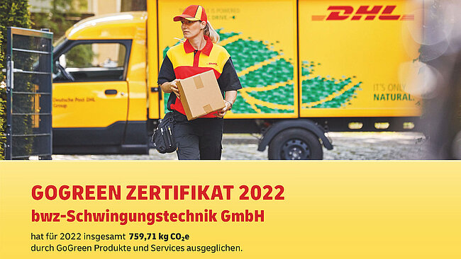 detail of a yellow certificate issued by logistics provider DHL, mentioning that by using the product DHL GoGreen, bwz Schwingungstechnik has saved 759,71 KG CO2 equivalents in the year 2022
