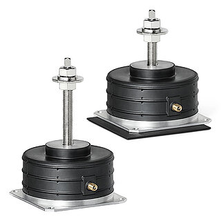 two cylindrical elastomer corpuses, each with inner air chamber for highly efficient vibration isolation, vulcanized on a square metal base plate, with a sideways car type valve and a metallic carrier plate with inner thread and mounted square shaft screw on the upper side, isolated on white background
