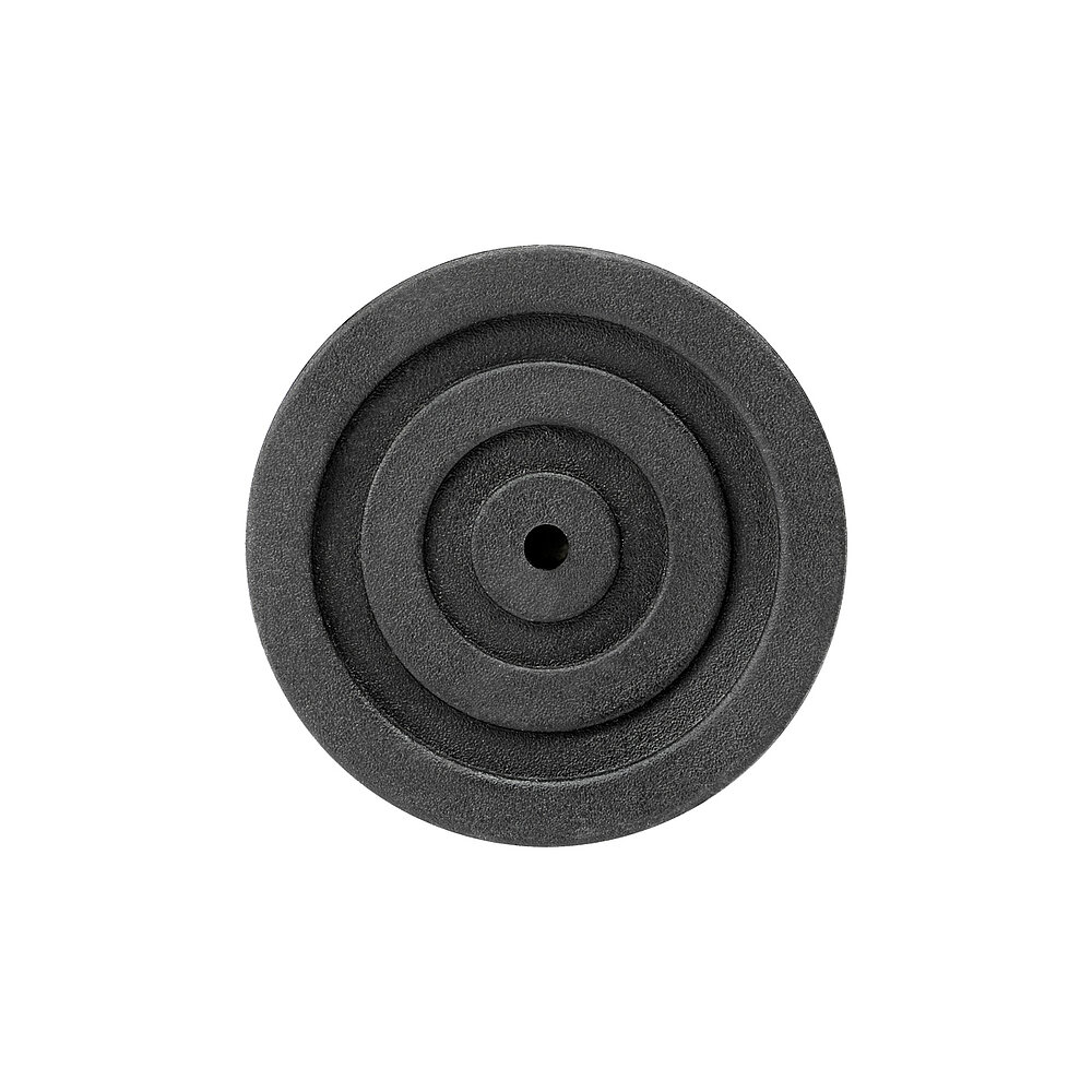 bottom view of a round screw-in action levelling foot for machinery and appliances, made of black thermoplast elastomer, with 40 mm diameter and three concentric profiled rings for non-slip protection, isolated on white background