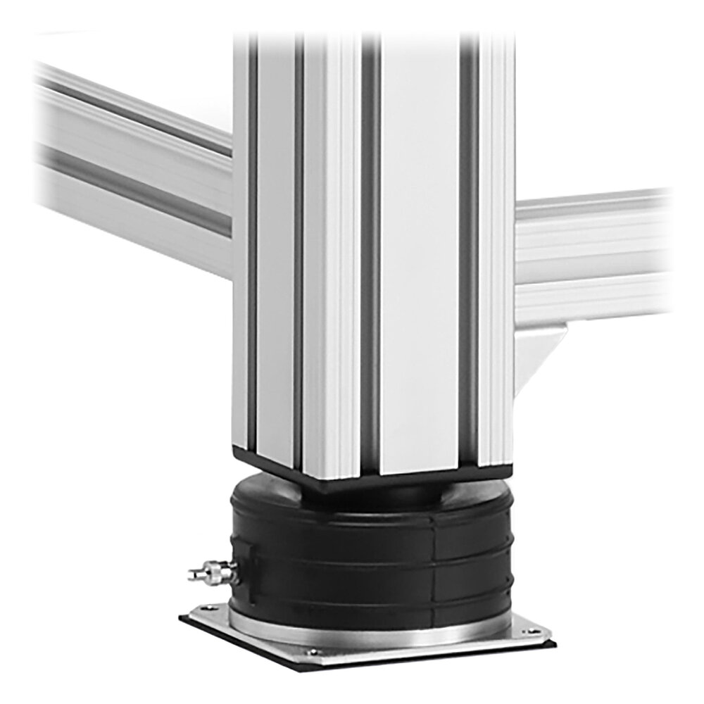 detail of a black air-cushion vibro-mount FLN for vibration isolation, mounted underneath a table leg of a metrology table made of aluminium profiles, isolated on white background