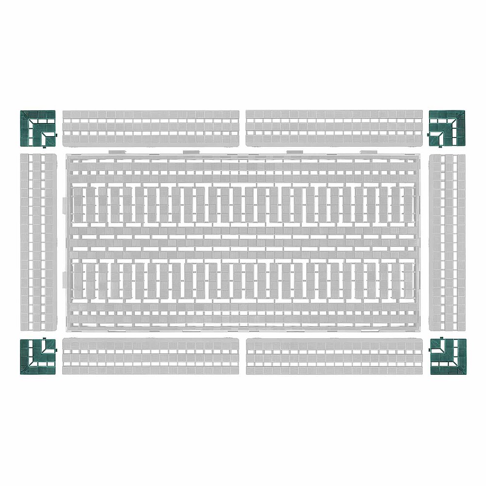 1 Bodenrost aus Kunststoff mit 6 Auffahrkeilen und 4 grünen Eckelementen, freigestellt auf weißem Hintergrund