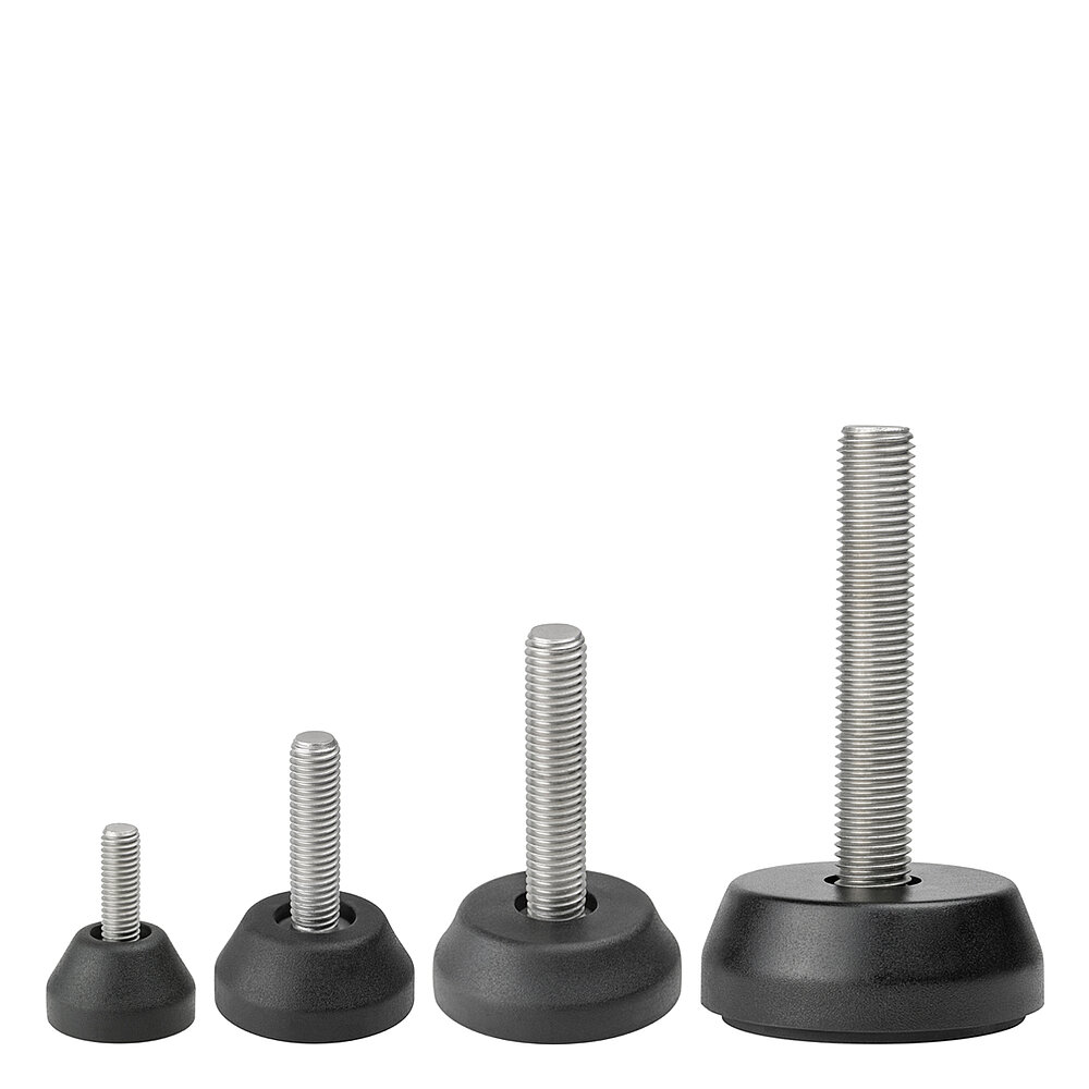 a composition of four round screw-in action levelling feet for machinery and appliances, made of black thermoplast elastomer or polyamide, with various diameters and tightly plastic-injection-moulded, stainless steel levelling screws of various lengths and strengths, in the view from askew and from above, isolated on white background