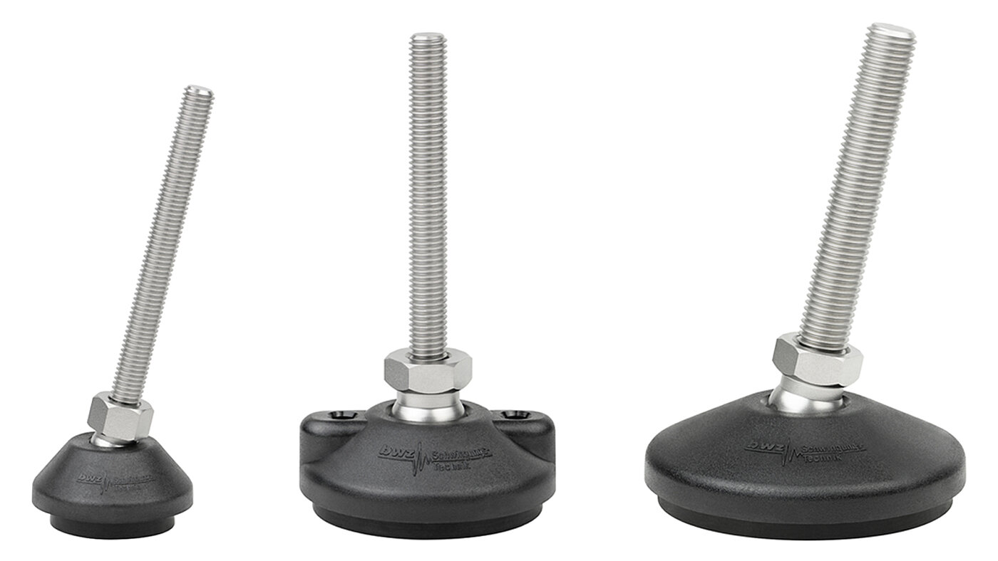 three round, upward-conical machine feet made of black polyamide with various diameters, each with a black NBR elastomer at the bottom for non-slip protection, and straight upward facing or right-tilted stainless steel threads of different thicknesses in a pendulum-action hexagonal ball joint, isolated on white background