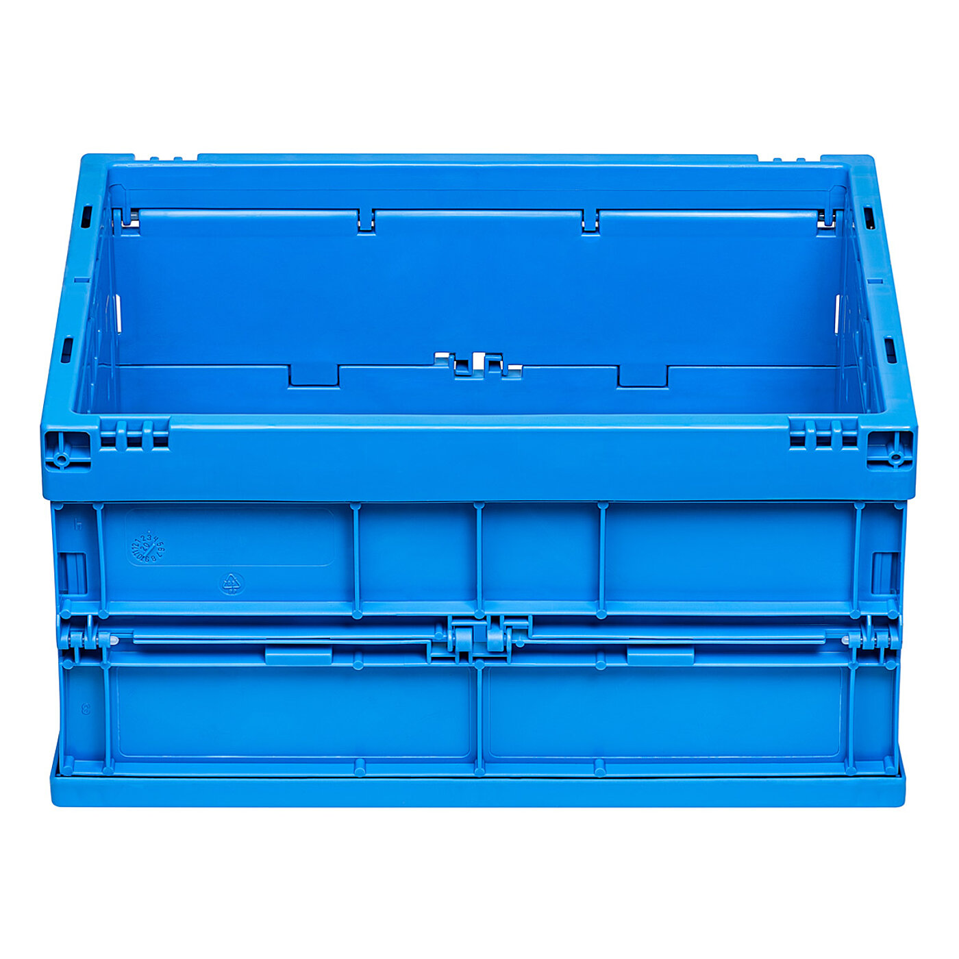 a blue foldable box made of plastics, in long side view, isolated on white background