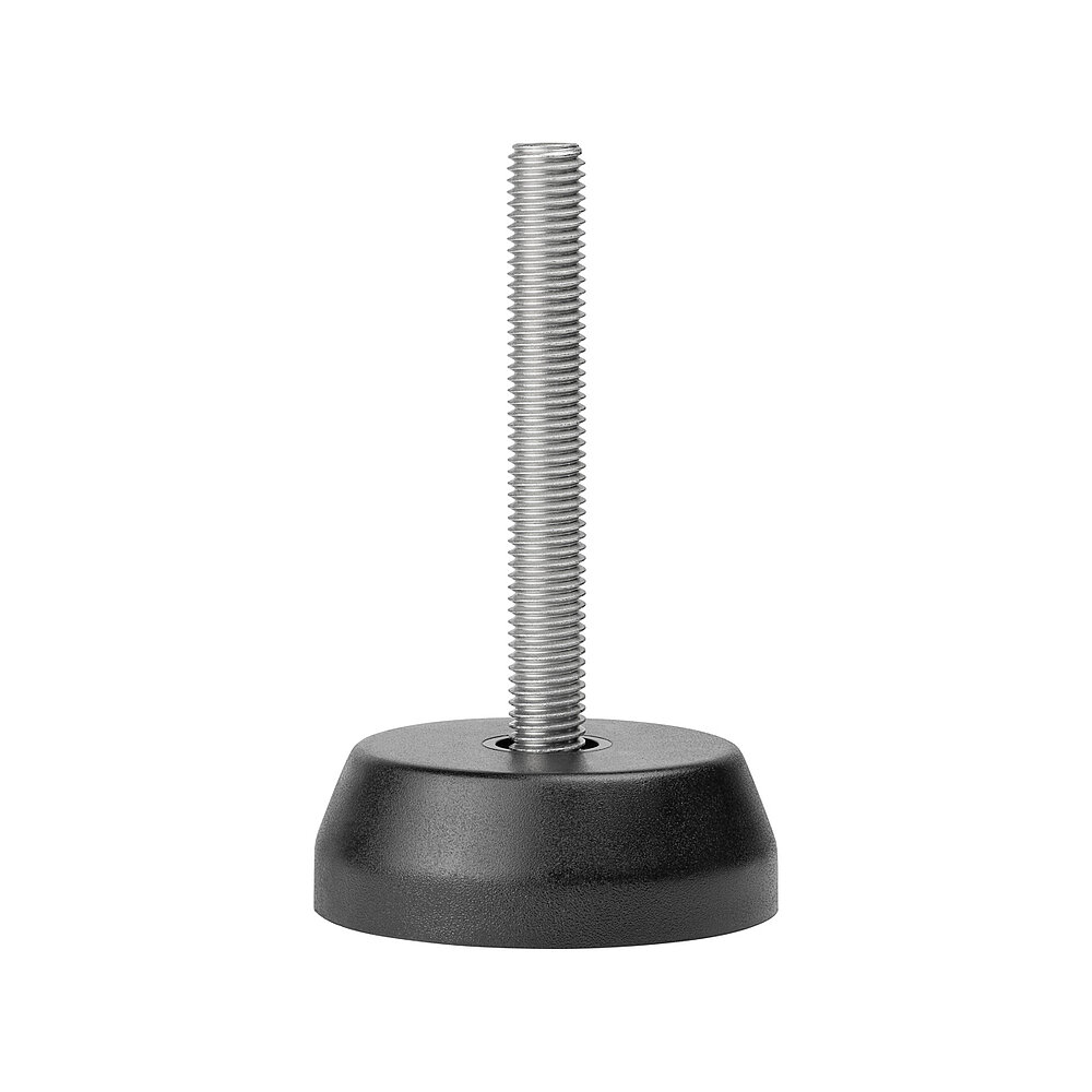 a round screw-in action levelling foot for machinery and appliances, made of black polyamide, with a diameter of 70 mm and a tightly plastic-injection-moulded, stainless steel levelling screw M12x90mm, in the view from askew and from above, isolated on white background