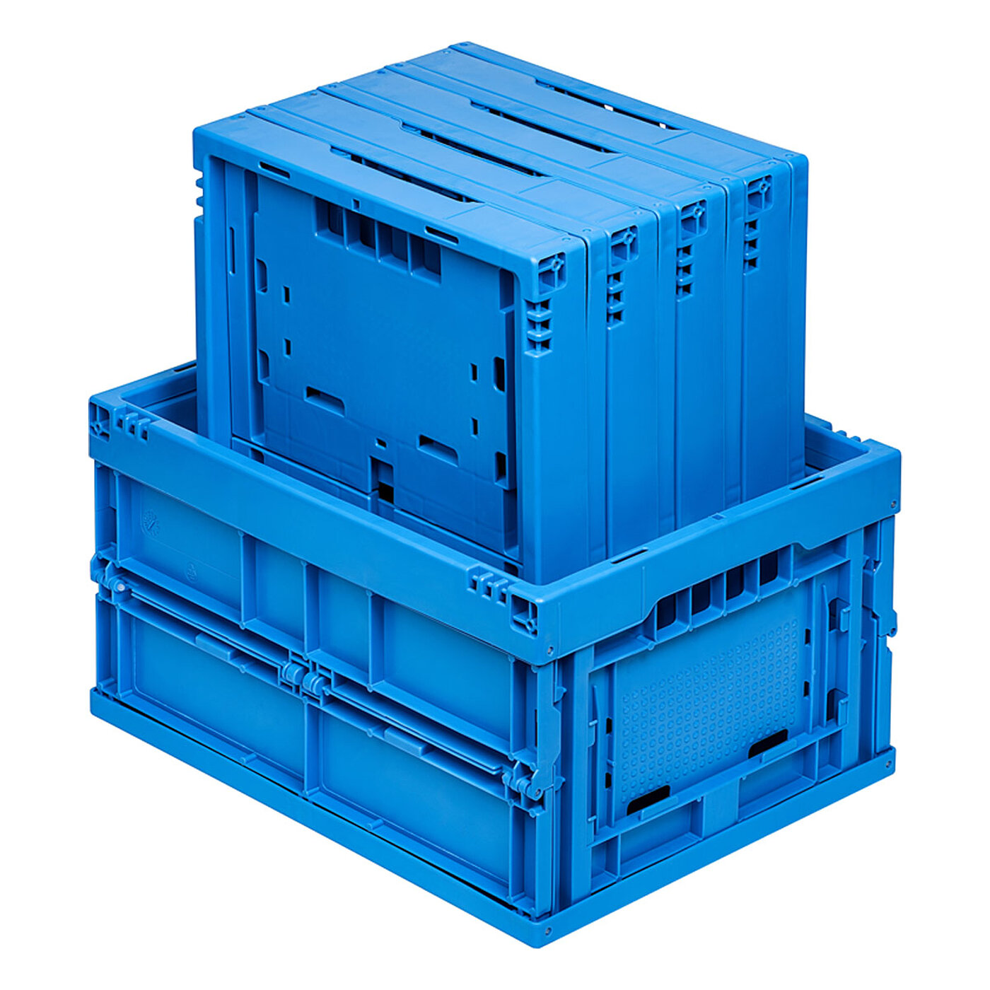 a blue foldable box made of plastics, in view from askew, in which four fully collapsed foldable boxes stand upright, isolated on white background
