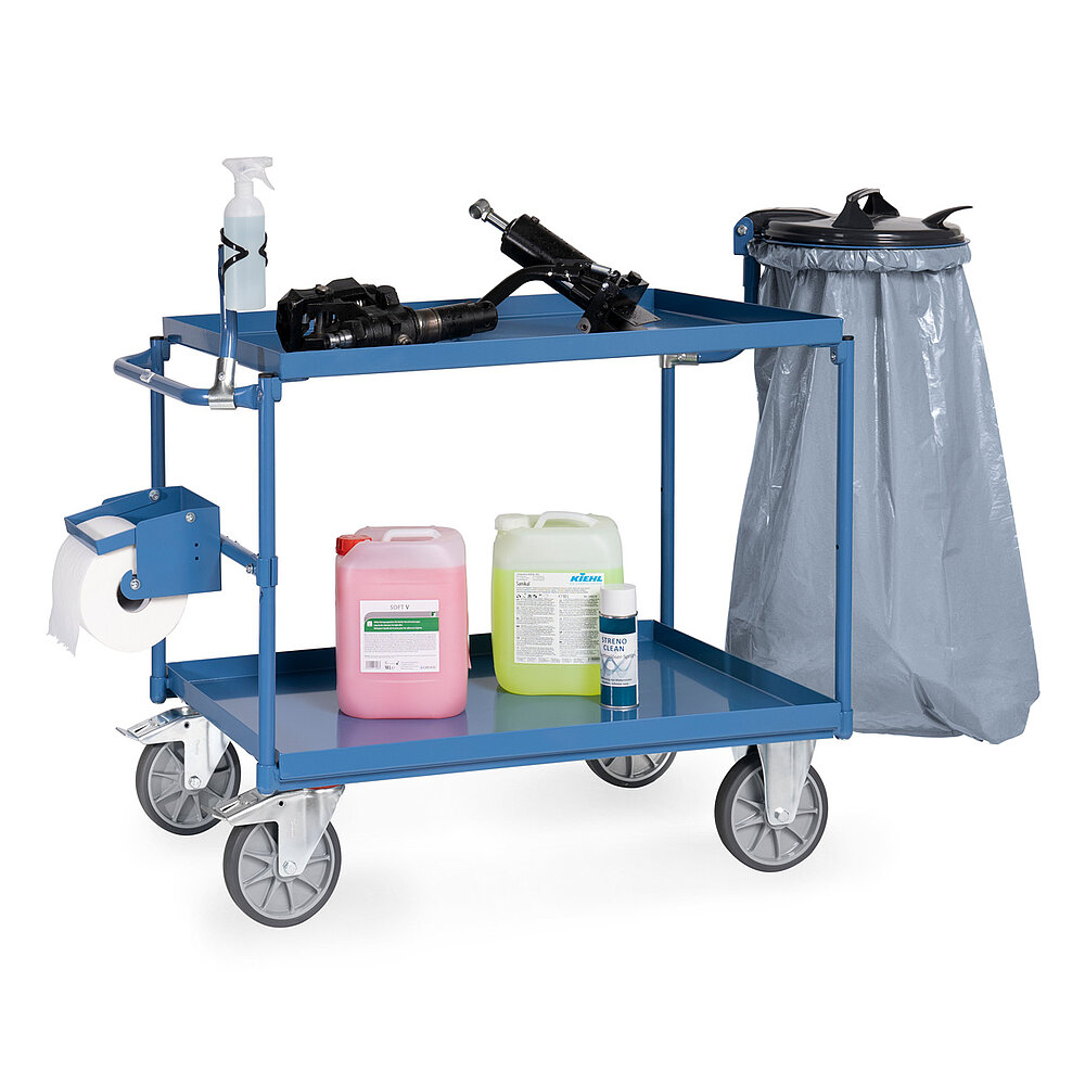 a blue FETRA® table top cart with trays, featuring two storeys and diverse functional accessory add-on parts, isolated on white background