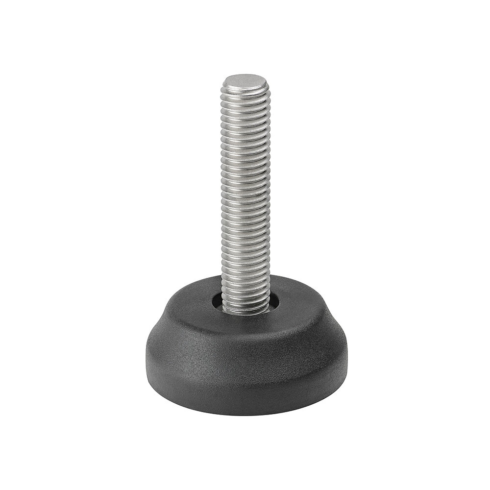 a round screw-in action levelling foot for machinery and appliances, made of black thermoplast elastomer, with a diameter of 50 mm and a tightly plastic-injection-moulded, stainless steel levelling screw M12x57mm, in the view from askew and from above, isolated on white background