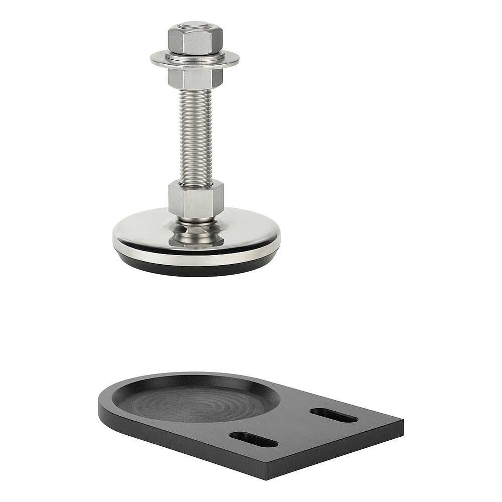 a black floor-fastening plate with elongated holes for ground dovels, made of precision-milled composite material, with a shiny stainless steel levelling element levitating above, isolated on white background