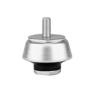 a round silver-coloured vibration damper made of metal, consisting of a bottom part with inner thread underneath, a bell-shaped metal cap with an inner thread in the top, and in between, a vulcanized black elastomer, isolated on white background