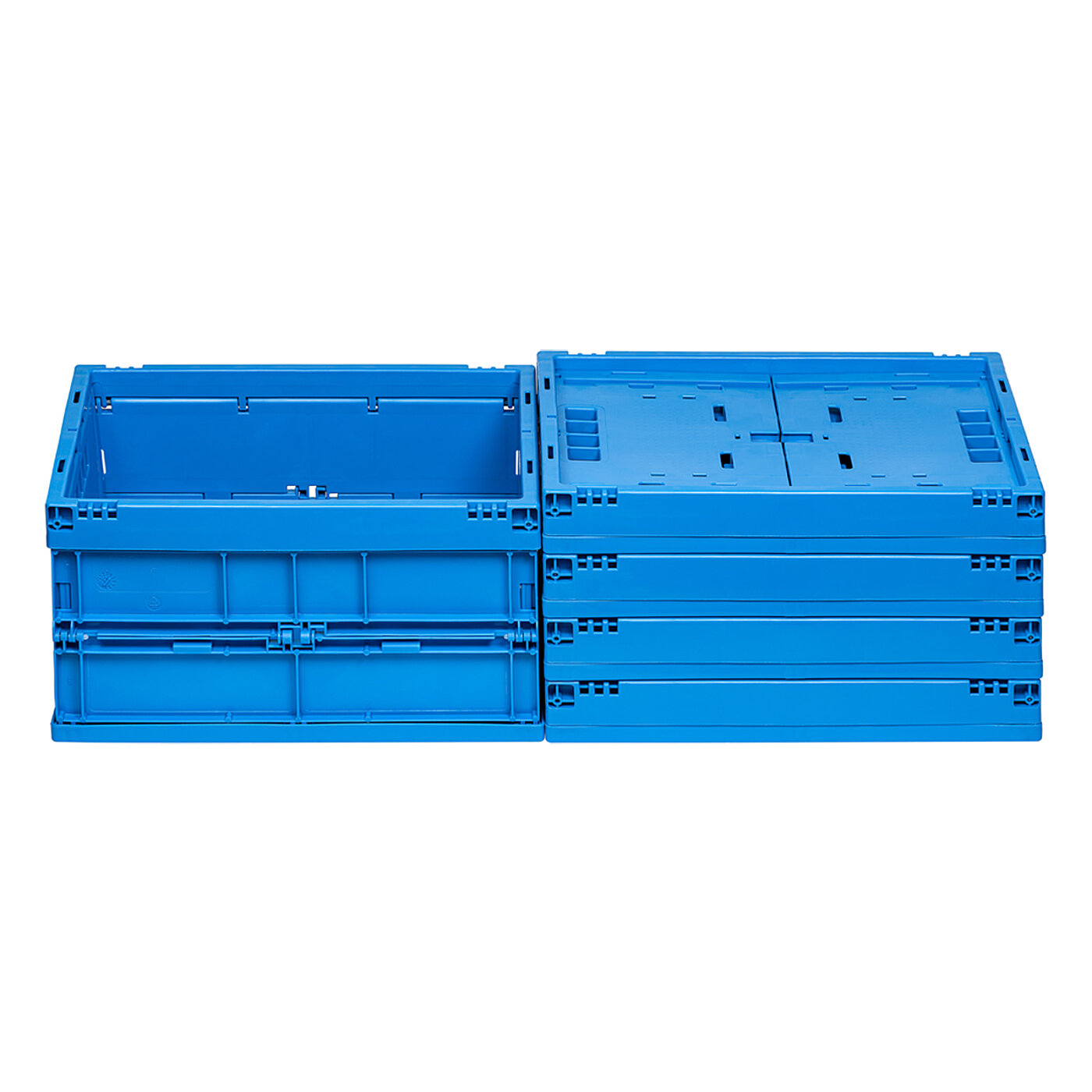 a blue foldable box made of plastics, in long side view, left of a stack of four fully collapsed blue foldable boxes, isolated on white background