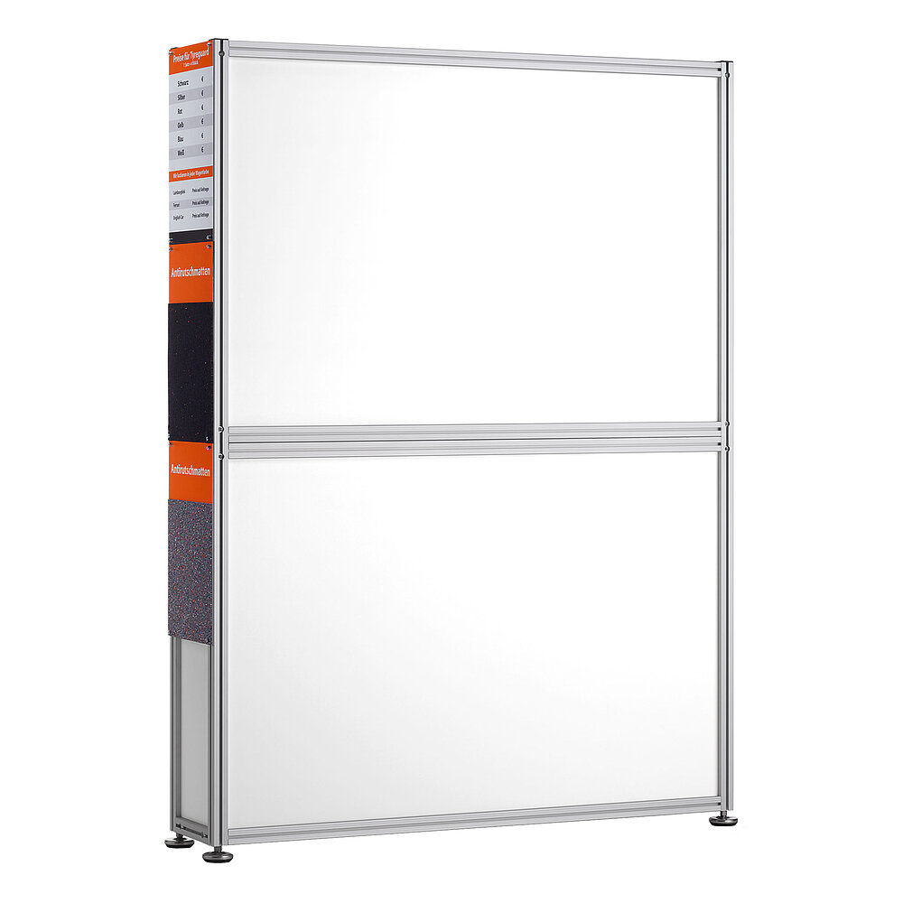 rear view of a tall, slim, dismountable product display made of aluminium profiles with grey inlaid panels and lateral advertorial inscription, mounted on stainless steel levelling elements, isolated on white background