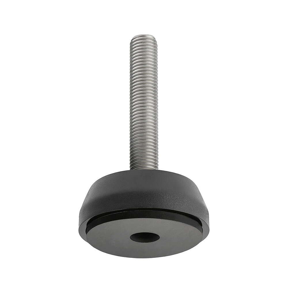 a round screw-in action levelling foot for machinery and appliances, made of black polyamide, with a diameter of 70 mm and a tightly plastic-injection-moulded, stainless steel levelling screw M16x92mm, in the view from askew and from below, with a black non-slip protection pad NBR at the bottom, isolated on white background
