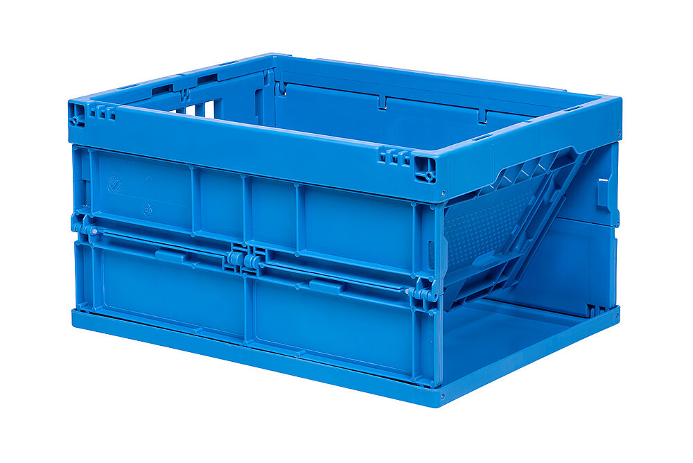 a blue foldable box made of plastics, with one face side folded away half, isolated on white background