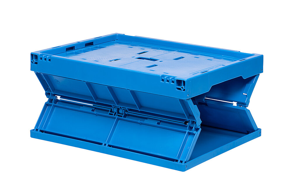 a blue foldable box made of plastics, with long sides folded away by one third, isolated on white background