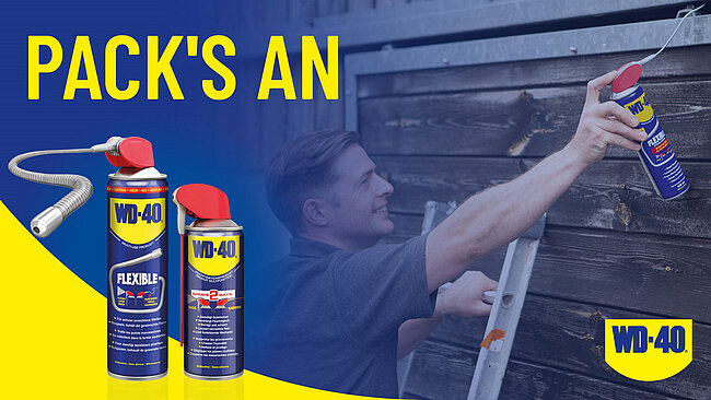 two blue-yellow designed WD-40® brand spray cans with red spray nozzles, above the German language capture 'PACK'S AN' ( meaning 'take it up' ) in large capital yellow letters and in the background, a do-it-yourself handyman on a ladder with a WD-40® brand spray can in hand spraying into a corner