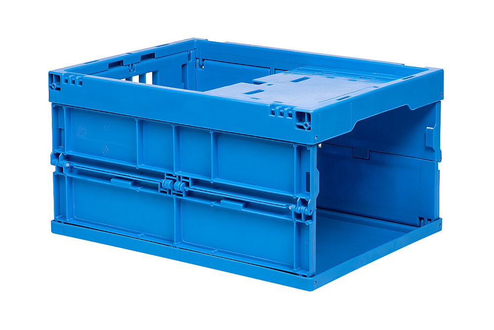 a blue foldable box made of plastics, with one face sides folded away, isolated on white background