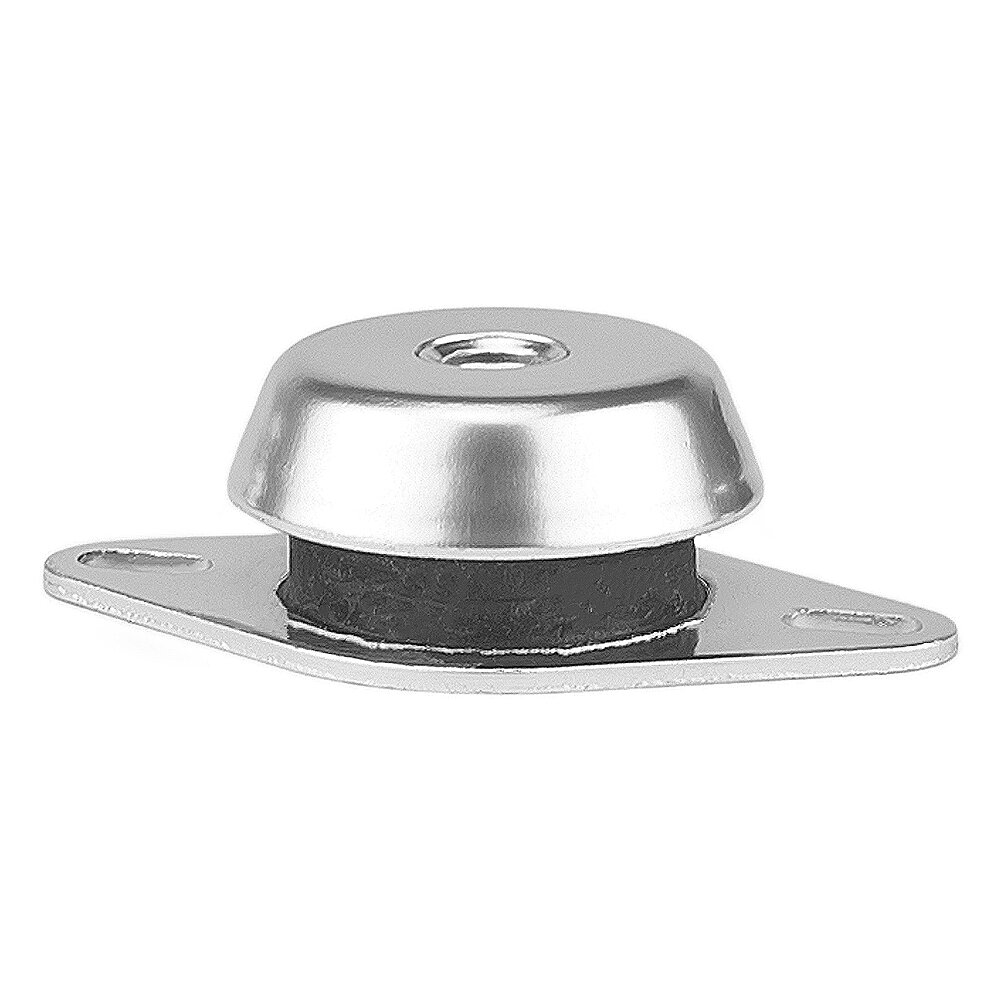 an elongated silver-coloured vibration damper made of metal, with a rhombus-shaped base plate featuring two length-wise elongated holes for floor-fastening, above a bell-shaped metal cap with an inner thread in the top, and in between, a vulcanized black elastomer, isolated on white background