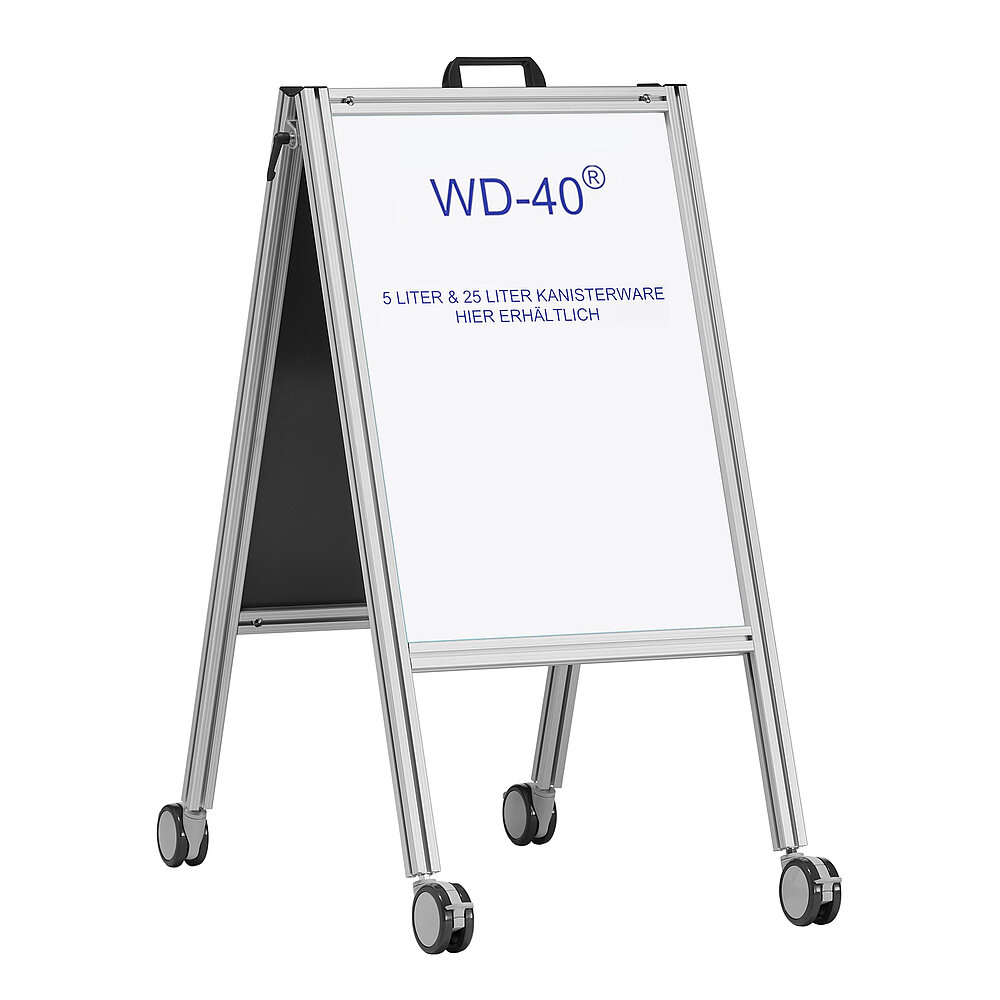 a mobile flip-open style pavement signage made of aluminium profiles, on four large fastenable & turnable wheels, with inlaid DIN A 2 print-out with blue WD-40® advertorial inscriptions, isolated on white background