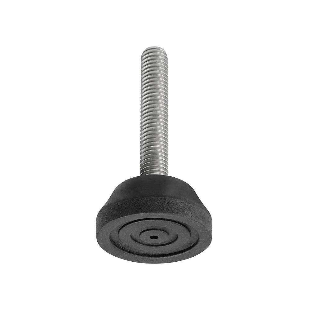 a round screw-in action levelling foot for machinery and appliances, made of black thermoplast elastomer, with a diameter of 40 mm and a tightly plastic-injection-moulded, stainless steel levelling screw M10x57mm, in the view from askew and from below, revealing three concentric profiled rings for non-slip protection at the bottom, isolated on white background