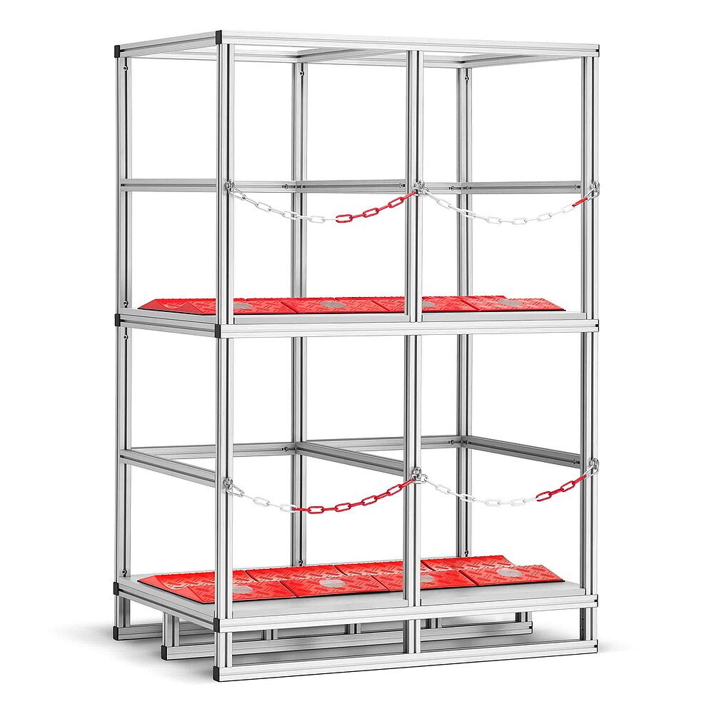 a tyre rack made of aluminium profiles with two storeys, each lined with red TyreGuard® tyre protectors, both storeys secured with a cross-wise chain, isolated on white background