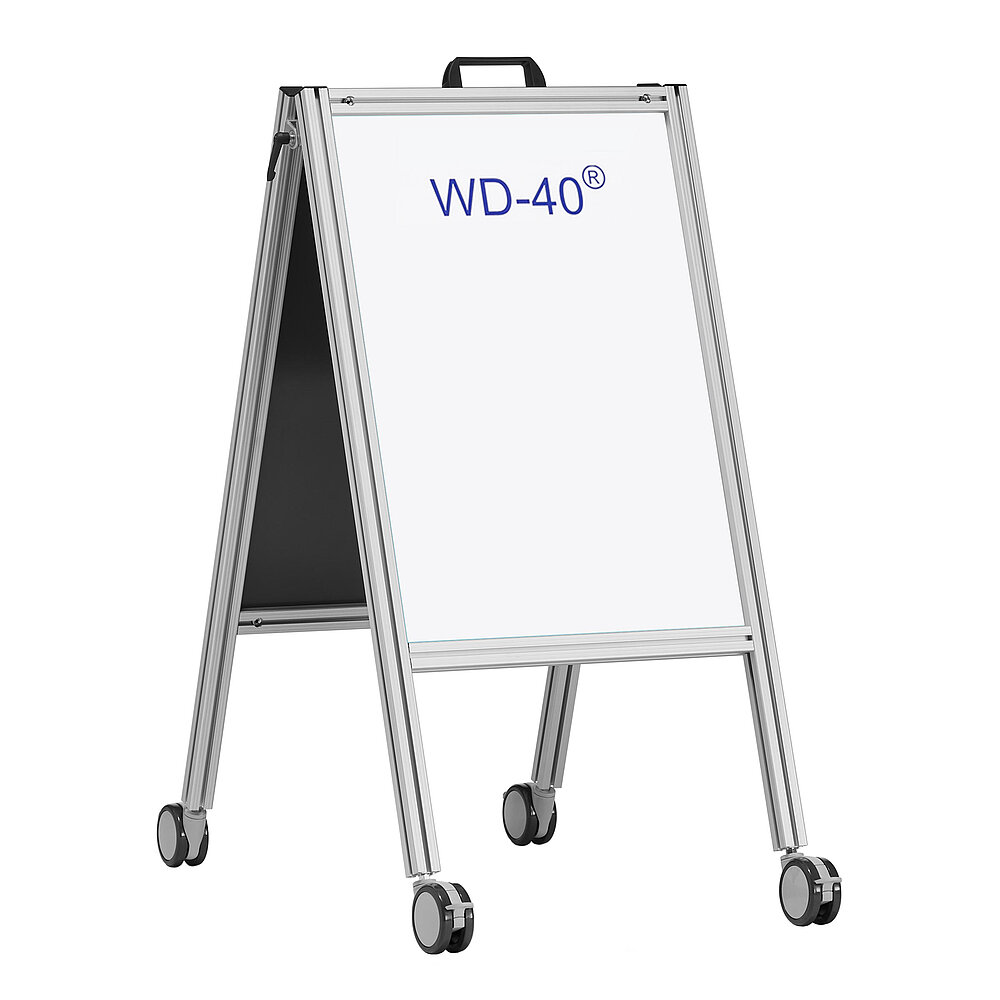 a mobile flip-open style pavement signage made of aluminium profiles, on four large fastenable & turnable wheels, with inlaid DIN A 2 print-out with blue WD-40® inscription, isolated on white background