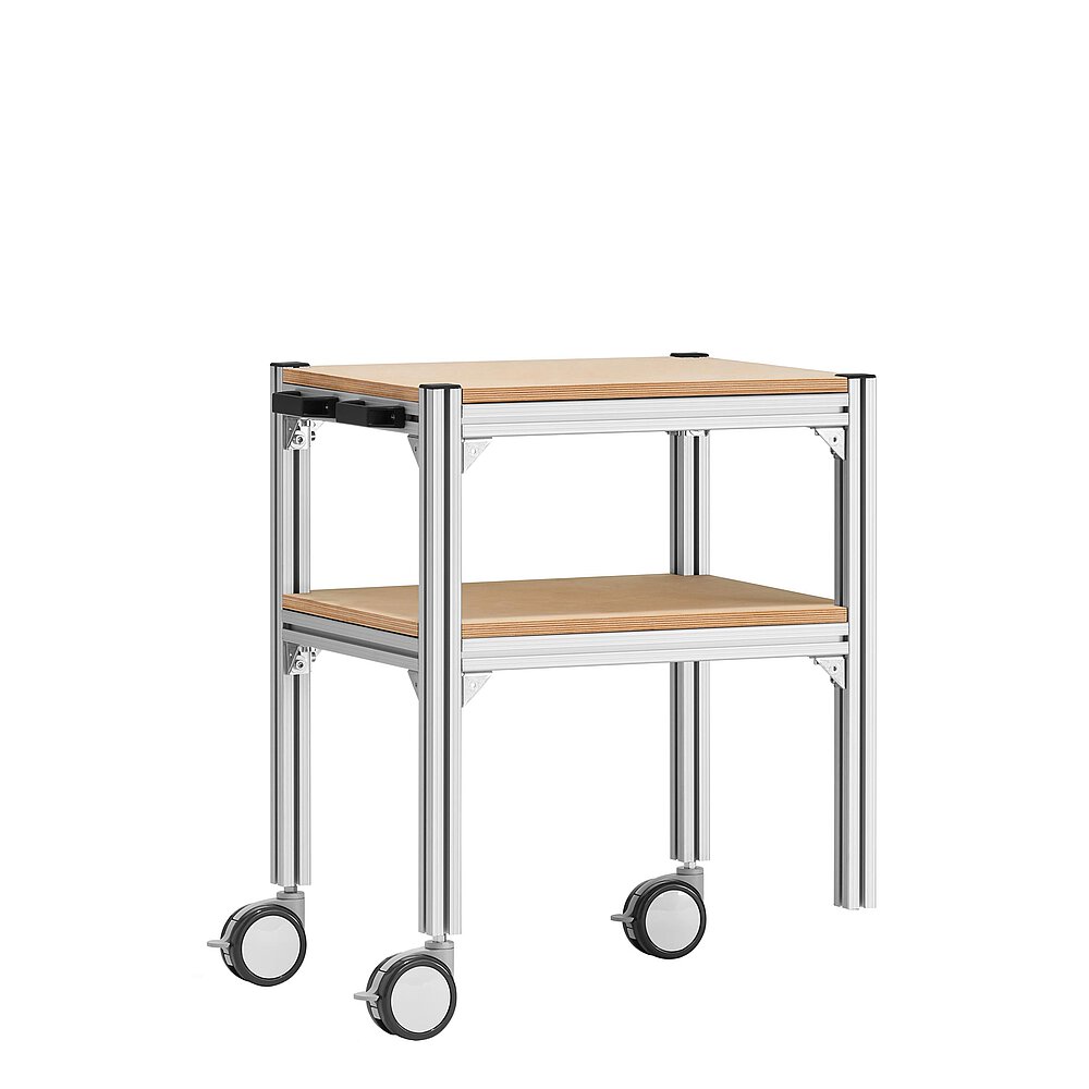 a small trolley made of aluminium profiles, with two storeys, wooden inlay shelvings, black pushbar handle made of plastics and three large, fastenable & turnable wheels, isolated on white background