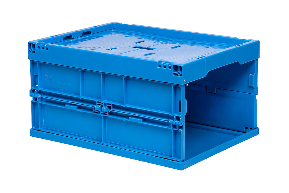 a blue foldable box made of plastics, with both face sides folded away, isolated on white background