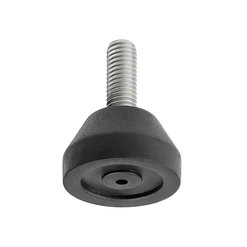 a round screw-in action levelling foot for machinery and appliances, made of black thermoplast elastomer, with a diameter of 30 mm and a tightly plastic-injection-moulded, stainless steel levelling screw M8x22mm, in the view from askew and from below, revealing two concentric profiled rings for non-slip protection at the bottom, isolated on white background