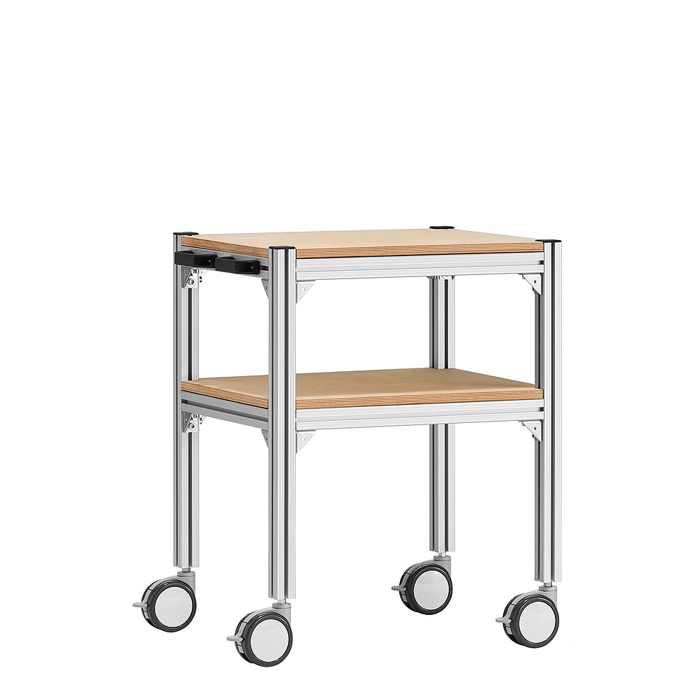 a small trolley made of aluminium profiles, with two storeys, wooden inlay shelvings, black pushbar handle made of plastics and four large, fastenable & turnable wheels, isolated on white background