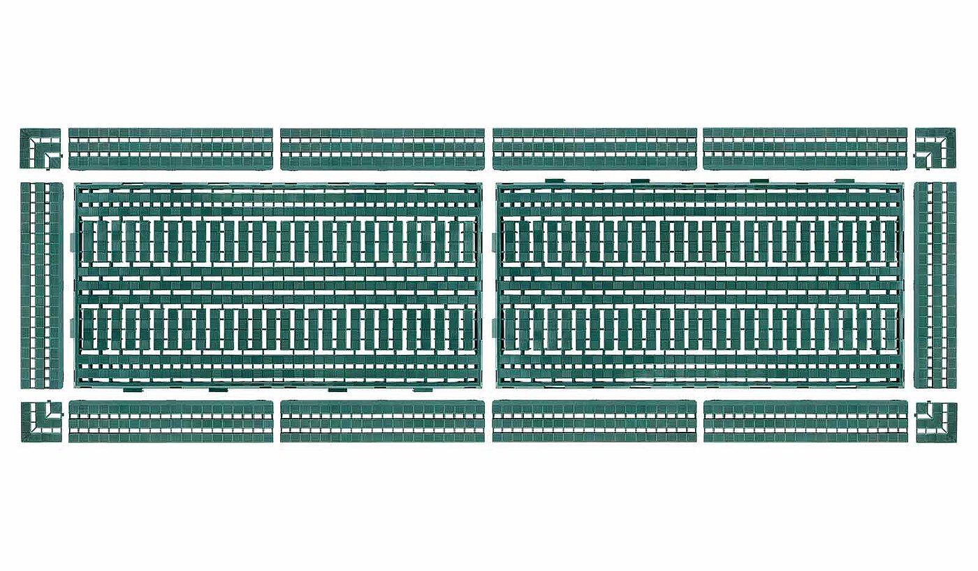 2 green floor-gratings, made of plastics, with 10 ramp pieces and 4 corner pieces, isolated on white background